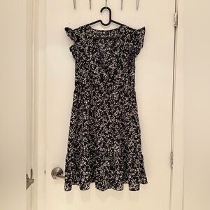 Floral Black and White V Neck Dress